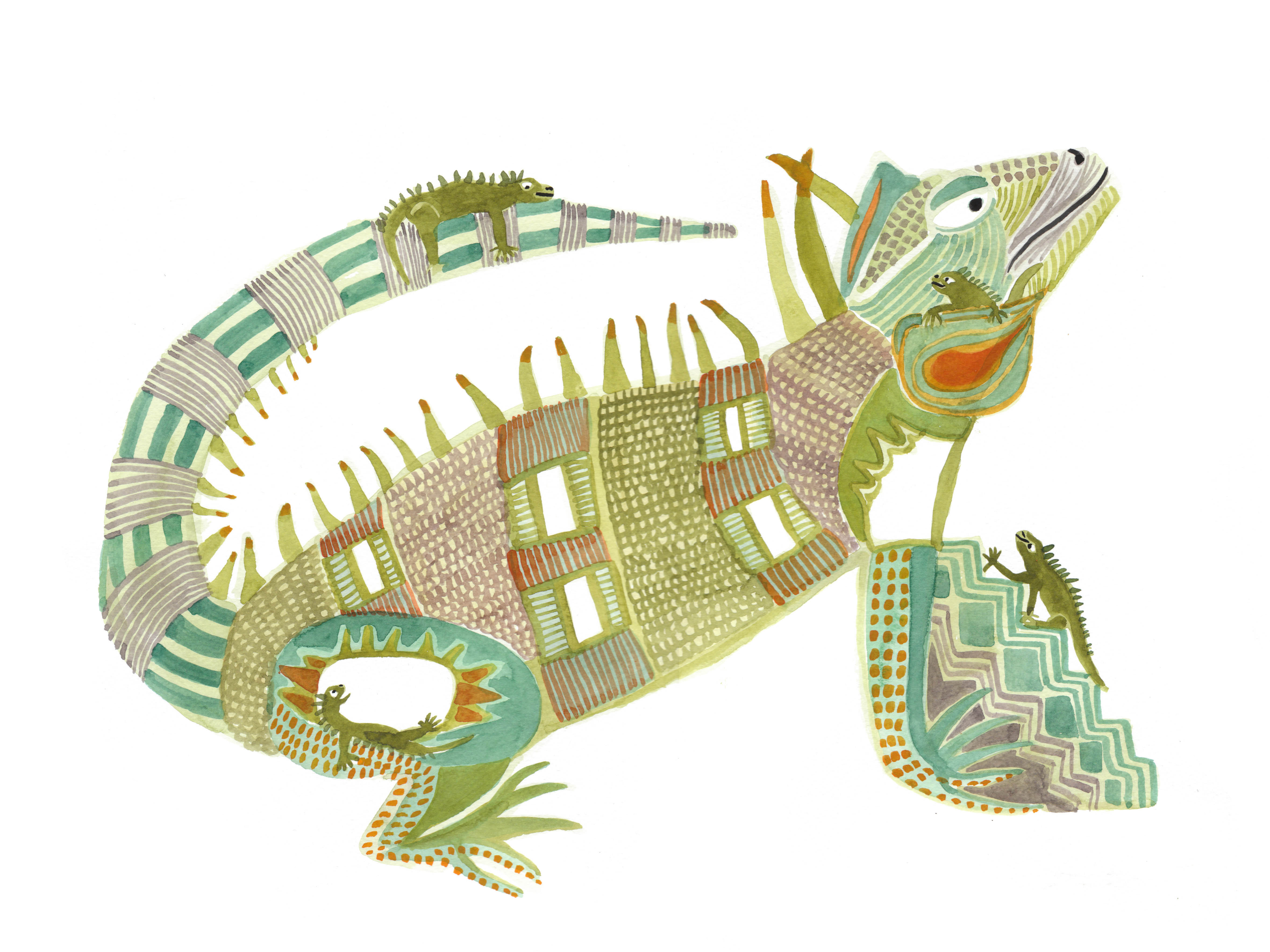 illustration Iguane artistique et motifs vibrants en couleurs pastel